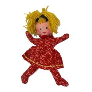 Vintage Handmade Cloth Rag Doll Folk Art Yellow Yarn Hair Farm Country Smiling
